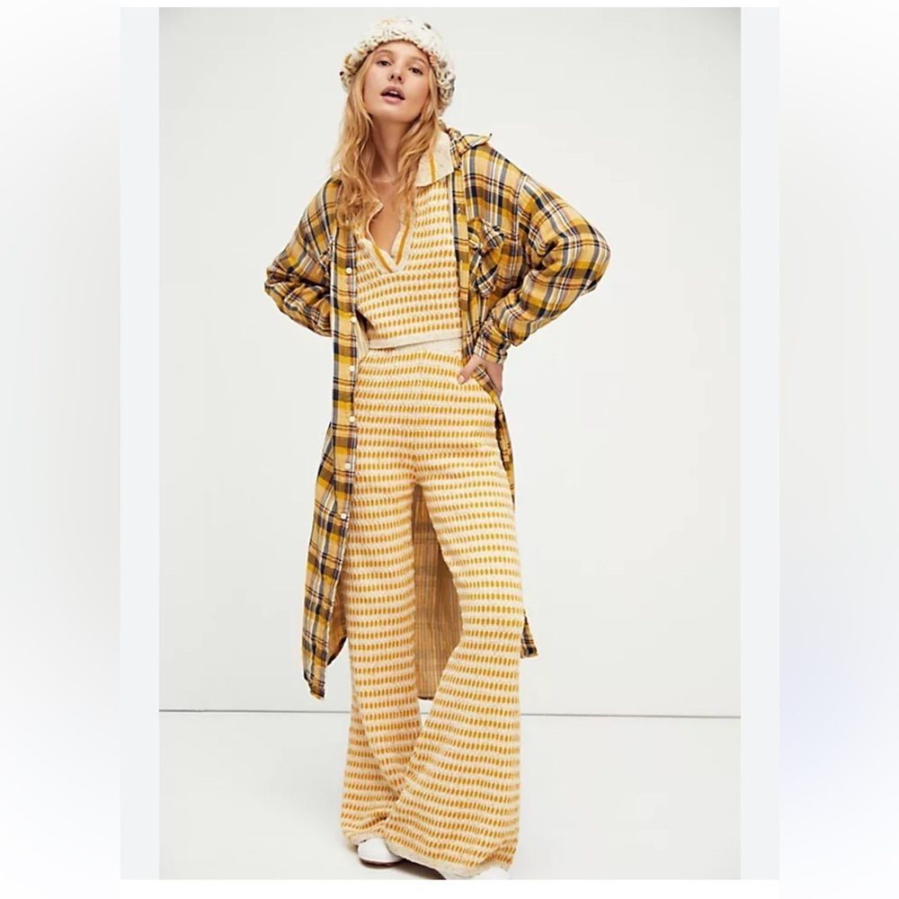 Free People mustard yellow cream knit coord |vacation lounge pant set| XS